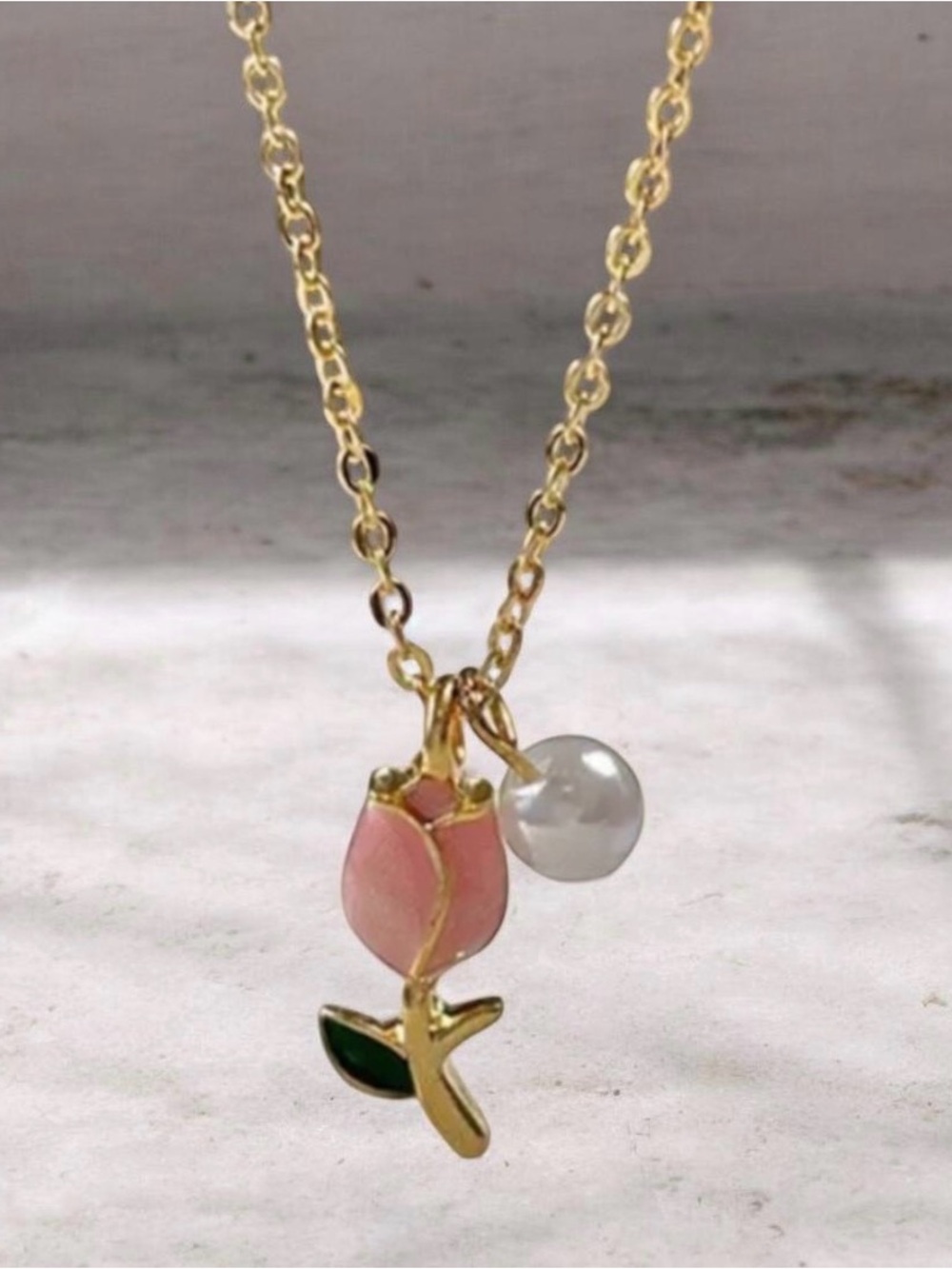 Baby Pink Tulip Pearl Pendant Necklace Dainty Gold Tone Floral Clavicle Chain